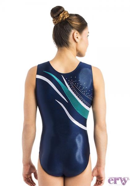 Ervy Turnanzug Alaria ohne Arm in Dunkelblau mit Applikationen in silber und petrol von hinten